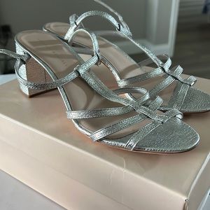 NWT Loeffler Randall Elena Metallic T- Strap Heels Silver 9 1/2